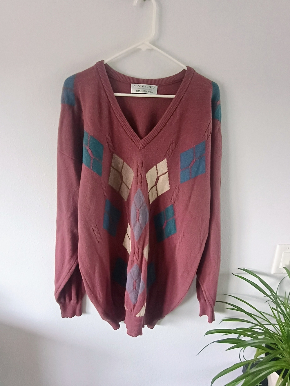 Lyle & Scott Vintage XL Pure Wool Argyle Sweater Made Scotland Grandpa Preppy